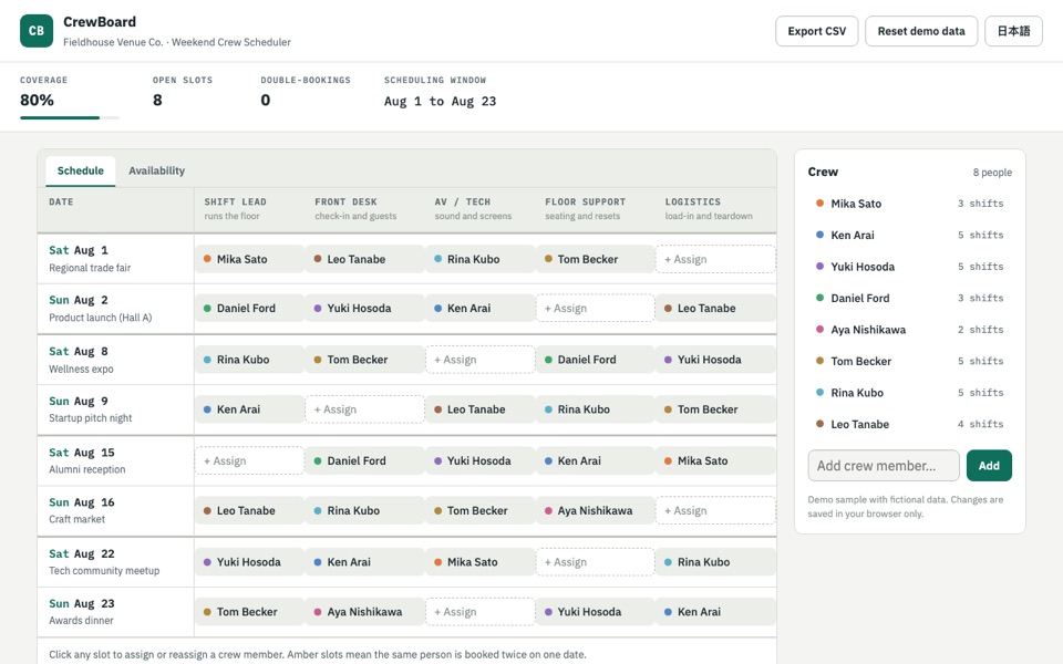 CrewBoard Team Scheduler demo screenshot